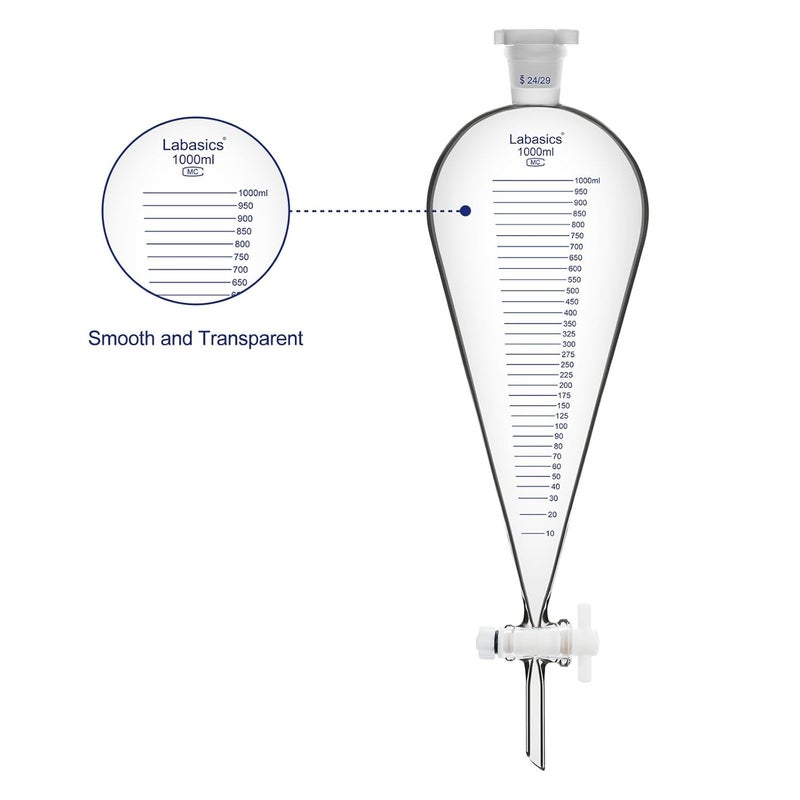 Labasics Graduated Separatory Funnel, 1000 ml Heavy Wall Borosilicate Glass Separating Funnel with 24/29 Joint and PTFE Stopcock - Image 2
